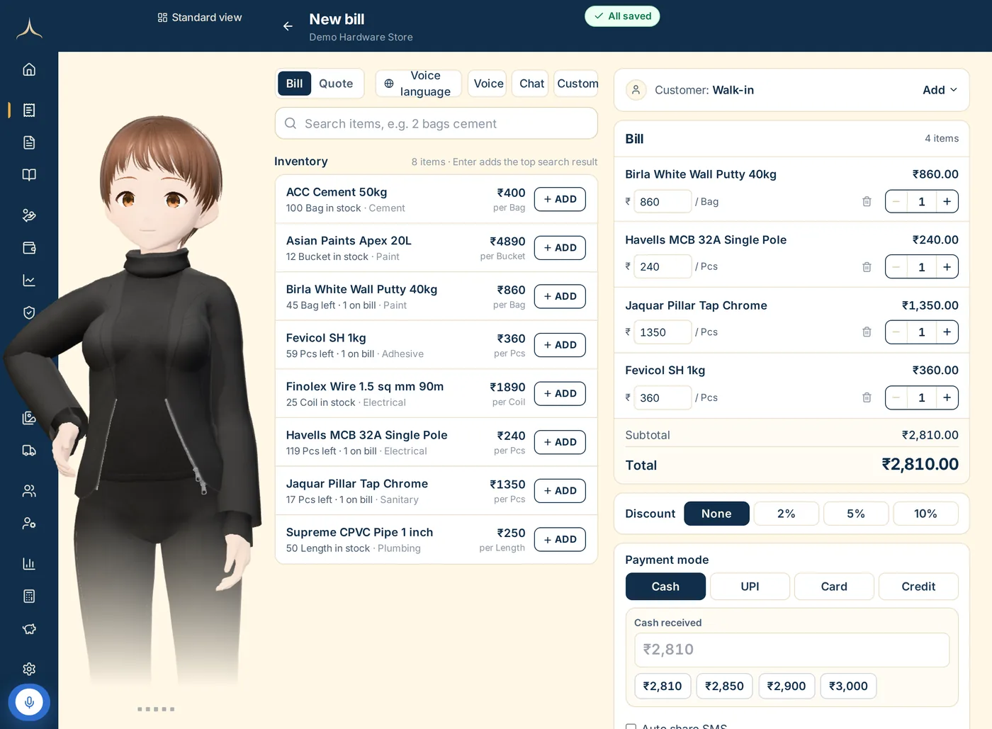 NANDIX AI mode on a tablet: the NX assistant stands beside a new bill for wall putty, an MCB, a pillar tap and adhesive, with stock left, discount and payment mode