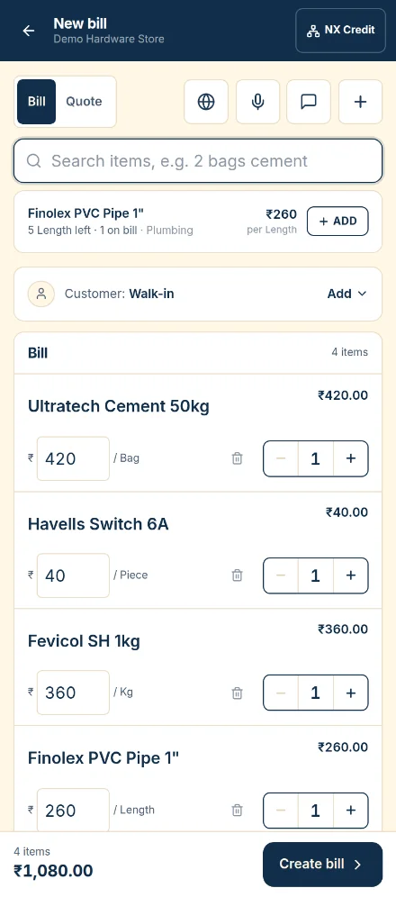 A bill in the NANDIX POS on a phone: wall putty, MCBs, taps and adhesive, with quantities, rates and the total