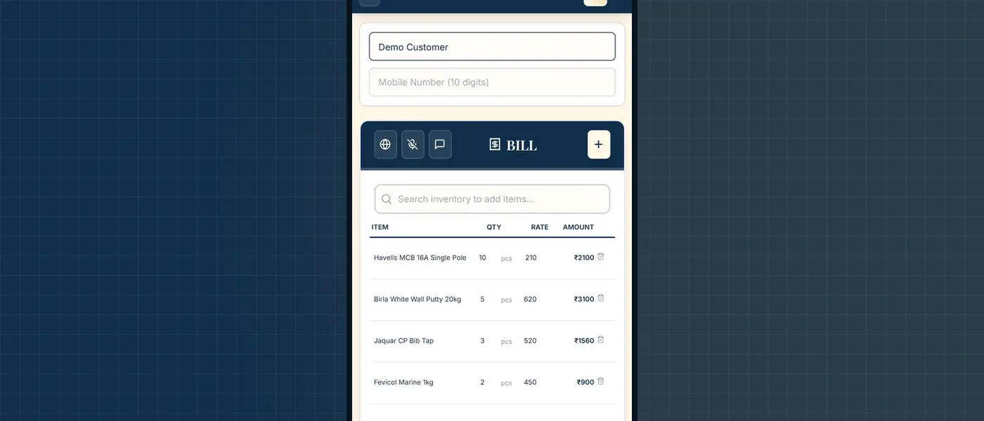 A bill in the NANDIX POS app on a phone, with items, quantities, rates and the total
